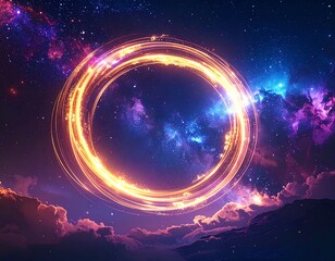 Glowing ethereal portal ring amidst cosmic nebula and wispy clouds
