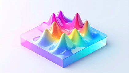 Colorful 3D graph with peaks on a transparent, iridescent base