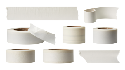 Various rolls of white medical tape on white background