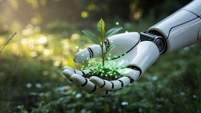 A white robot hand holding a small green plant in a lush forest