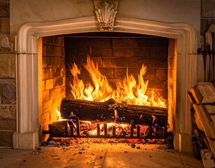 Glowing fire illuminates a stone-framed fireplace, burning logs