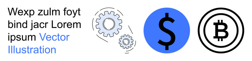 Naklejka premium Financial technology, blockchain, cryptocurrency, digital economy, innovation, automation. Icons of dollar and bitcoin currency with gear symbols. Financial technology and blockchain concepts