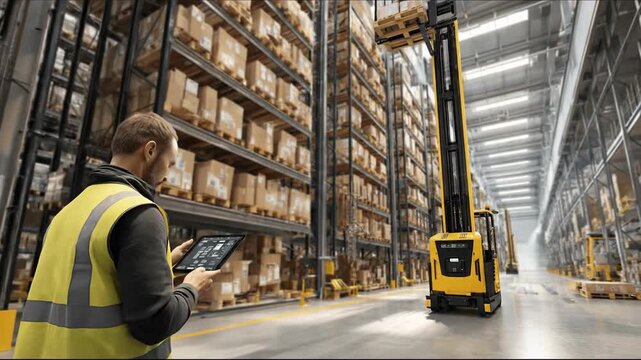 A worker in a safety vest operates a digital tablet within a vast industrial warehouse, featuring towering racks of inventory and an automated forklift.