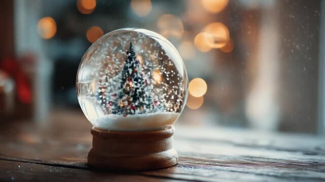Glass snow globe on a wooden table, glowing bokeh lights and drifting snow inside softly lit night!