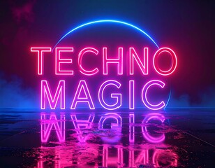 Glowing neon text, a reflected scene, with a dark, colorful background