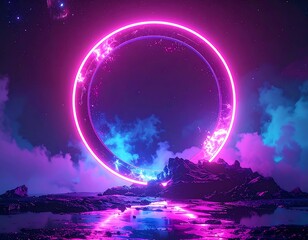 Glowing neon circle hovers over dark landscape, stars in background