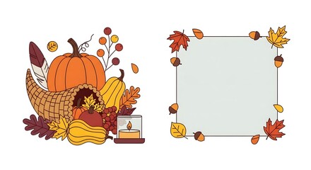 Fototapeta premium Festive autumn harvest thanksgiving scene with pumpkin cornucopia and decorative border