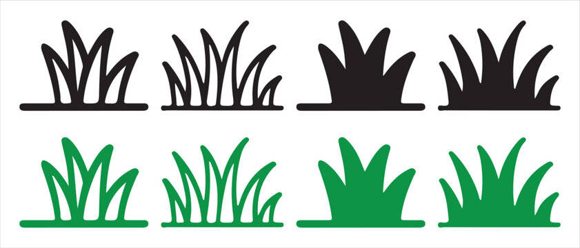 Simple grass icon set. with outline and filled styles in green and black colors.