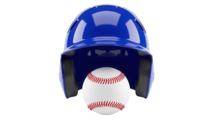 Blue baseball helmet with a baseball isolated PNG, sports equipment for baseball players on transparent background