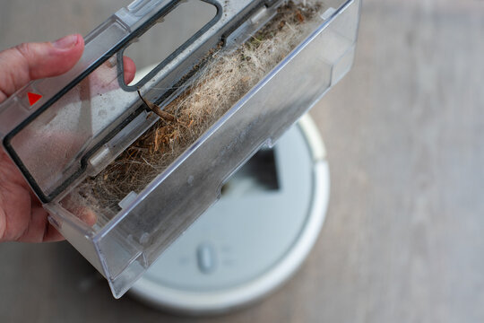 the dust bin of a robot vacuum with mostly dog hair