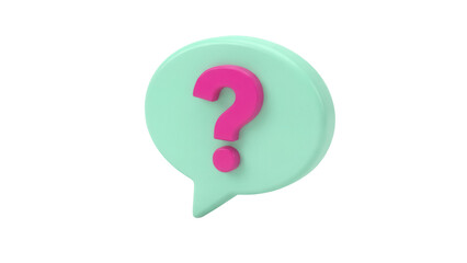 Pink question mark in mint speech bubble PNG isolated on transparent background, 3D rendering for help and support