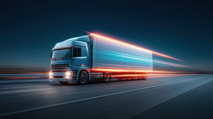 Dynamic Night Scene of a Freight Truck in Motion on an Empty Highway with Light Trails Capturing Speed and Efficiency in Transportation Logistics
