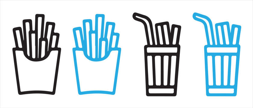 Minimalist line art icons illustrating french fries in a container and a cup, available in black and blue colors.