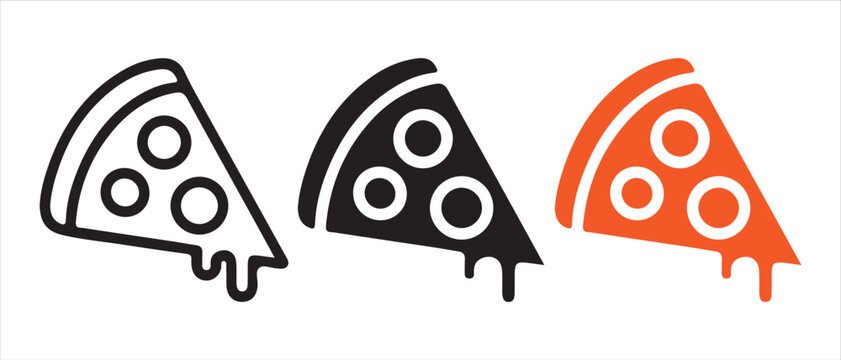 Variations of a minimalist pizza slice icon in outline and solid styles.