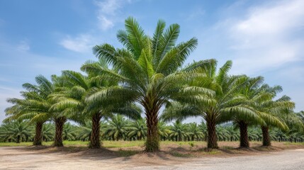 Fototapeta premium Lush green palm trees arranged in a neat row under a blue sky with soft clouds, showcasing tropical beauty and agricultural landscape diversity