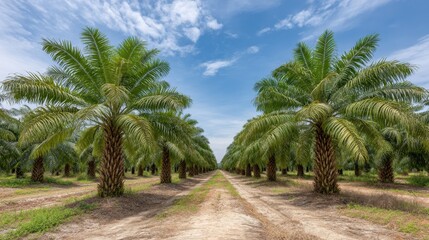 Obraz premium Lush Palm Tree Landscape with Blue Sky and Cloudy Weather in Agricultural Field Pathway for Nature and Eco-Friendly Themes