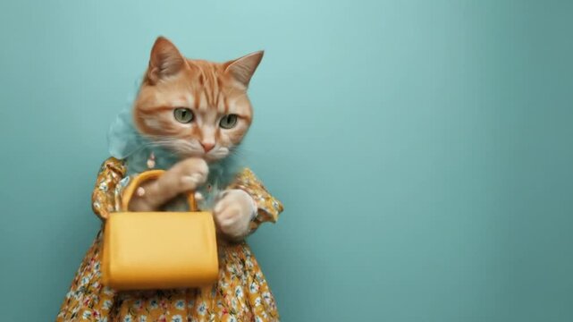Orange tabby cat in a floral dress, clutching a yellow purse against a teal backdrop, cheerful look!