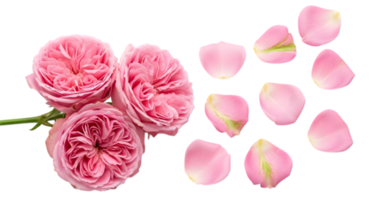 Delicate pink rose blooms and individual petals scattered on a pristine white background, symbolizing romance and natural beauty