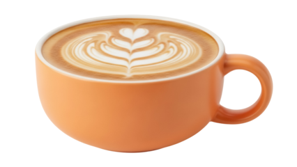 Latte art in orange cup isolated PNG on transparent background, coffee drink with heart and leaf pattern for cafe menu and design