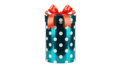Teal gift box with red bow and white polka dots isolated PNG, present for birthday or Christmas on transparent background