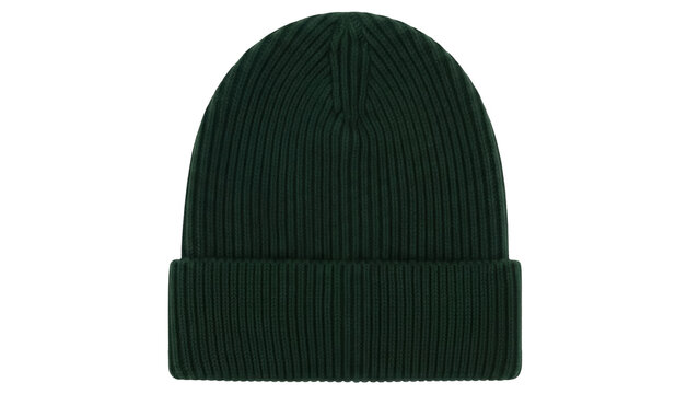 Dark green knitted beanie hat isolated PNG, winter headwear for cold weather fashion and outdoor activities on transparent background