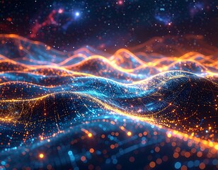 Glowing wavy lines with dots, suggesting digital data