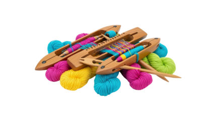 Weaving Shuttle and Colorful Yarn Balls