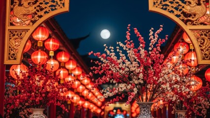 Traditional Chinese lanterns and cherry blossoms under a full moon in Beijing