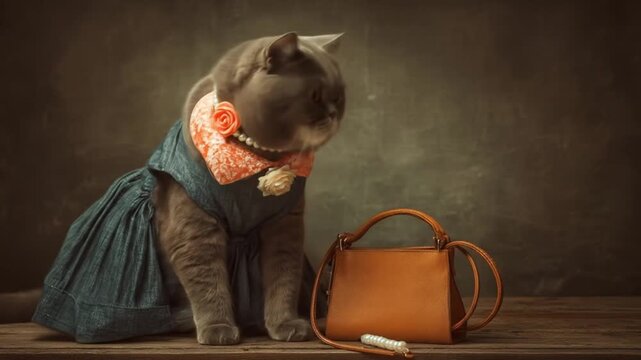 A dressed cat in a blue coat beside a brown purse on a wooden table, nostalgic ambience, warm. cozy