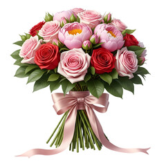 Bouquet of pink and red roses with ribbon
