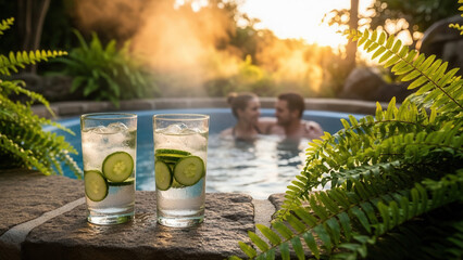 Couple enjoying a serene outdoor spa in a lush garden setting with refreshing drinks and warm evening light