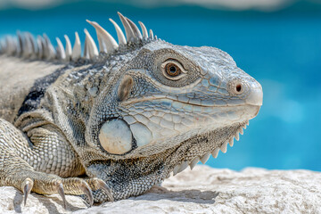 Fototapeta premium Iguana resting comfortably on a sunlit rock near a shimmering body of water Generative AI