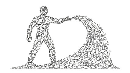 Fototapeta premium Surreal pebble stone man creating a wave, conceptual art illustration line drawing representing