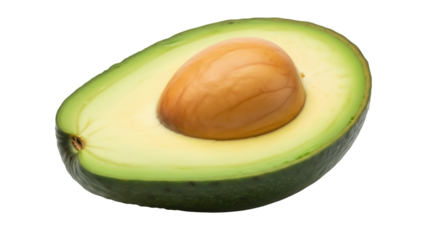 Half avocado with pit isolated PNG on transparent background, fresh green fruit cut open showing seed, healthy eating ingredient