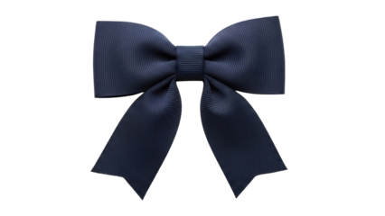 Isolated navy blue grosgrain ribbon bow tie, simple knot, fabric texture, formal attire element