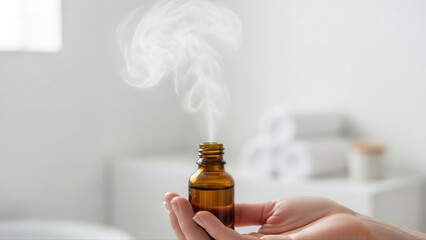 Woman gently inhaling the aromatic scent from a small amber bottle, with wisps of vapor rising, in a serene white bathroom setting with soft natural light