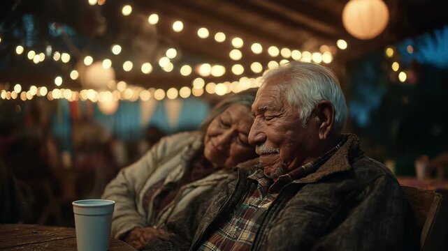 Senior Mexican couple enjoying ponche outdoors. Relaxed, warm evening with string lights. Peaceful retirement, close-knit affection. Authentic moment of joy. Cozy backyard gathering.