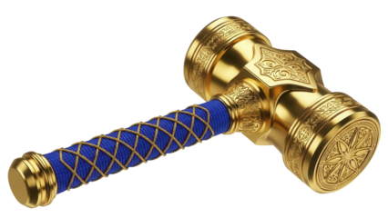 Ornate golden hammer isolated PNG, detailed weapon with blue and gold handle on transparent background, fantasy game asset