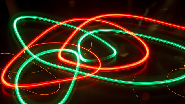 Abstract red and green light trails against a dark background - Powered by Adobe