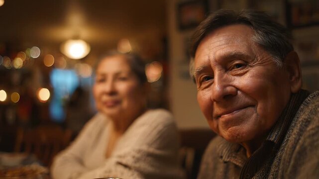 Warm moment of senior couple enjoying coffee together after dinner. Loving husband shares stories, wife listens attentively. Cozy sobremesa, family connection, heartfelt conversation.