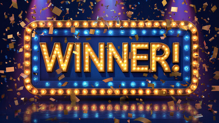 Bright illuminated sign displaying the word "WINNER" amidst confetti and party lights.