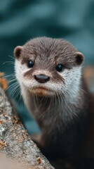 cute baby otter looking at camera, playful mood