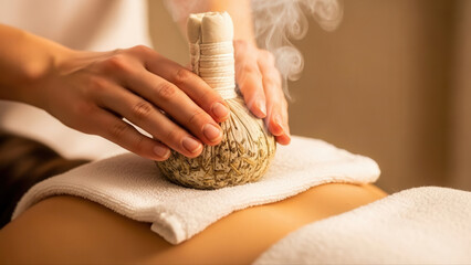Massage therapist gently holding herbal compress balls over clients back, warm ambient lighting, soft towel underneath, creating a soothing spa atmosphere