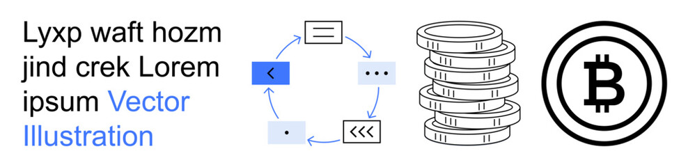 Obraz premium Cryptocurrency, fintech processes, blockchain networks, digital currencies, financial transactions, secure assets. Bitcoin symbol and circular data flow diagram. Cryptocurrency and fintech processes