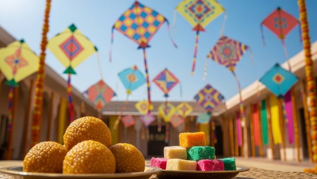 Colorful kites fly over Indian courtyard with sweet treats