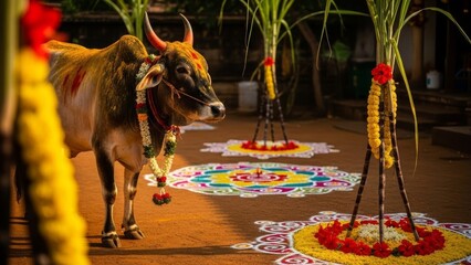 Decorated bull adorned with turmeric and garlands stands amidst colorful rangoli and sugarcane stalks at a rural Indian festival