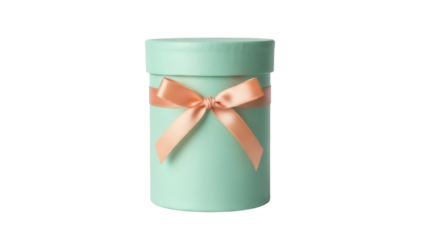 Mint green round gift box with peach ribbon isolated PNG, present container for birthdays and special occasions on transparent background