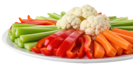 Isolated vegetable platter with fresh cut celery, carrots, peppers and cauliflower florets
