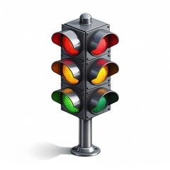 A three-light signal in silver, displaying red, yellow, and green illumination