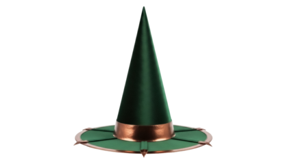 Isolated velvet witch hat with pointy spike, copper trim, and green brim, for Halloween party